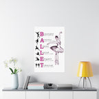 Ballet poster wall art with a ballerina Illustration and ballet-related words with white background on a bedroom wall Size 24x36
