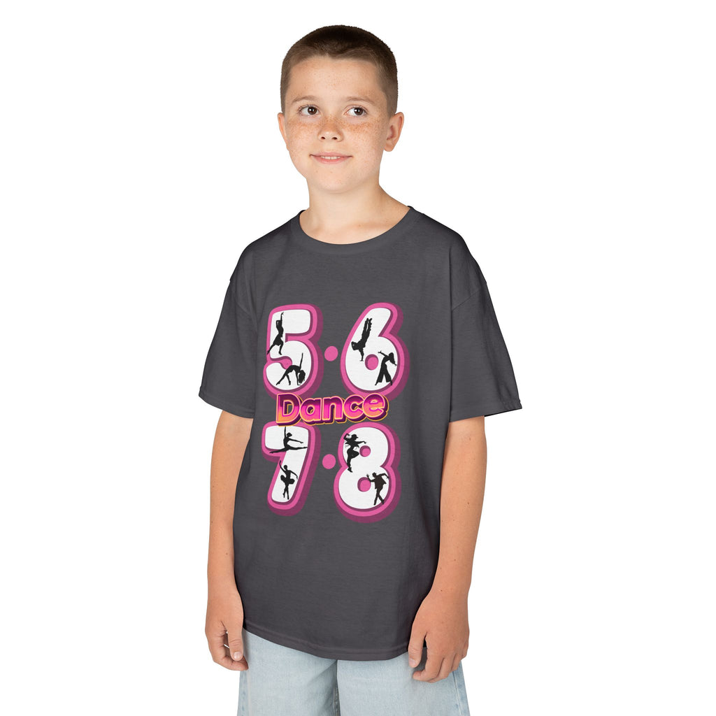 Young boy wearing a Gildan 5000B heavy cotton t-shirt in charcoal with a 5678 Dance text and graphic