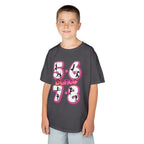 Young boy wearing a Gildan 5000B heavy cotton t-shirt in charcoal with a 5678 Dance text and graphic