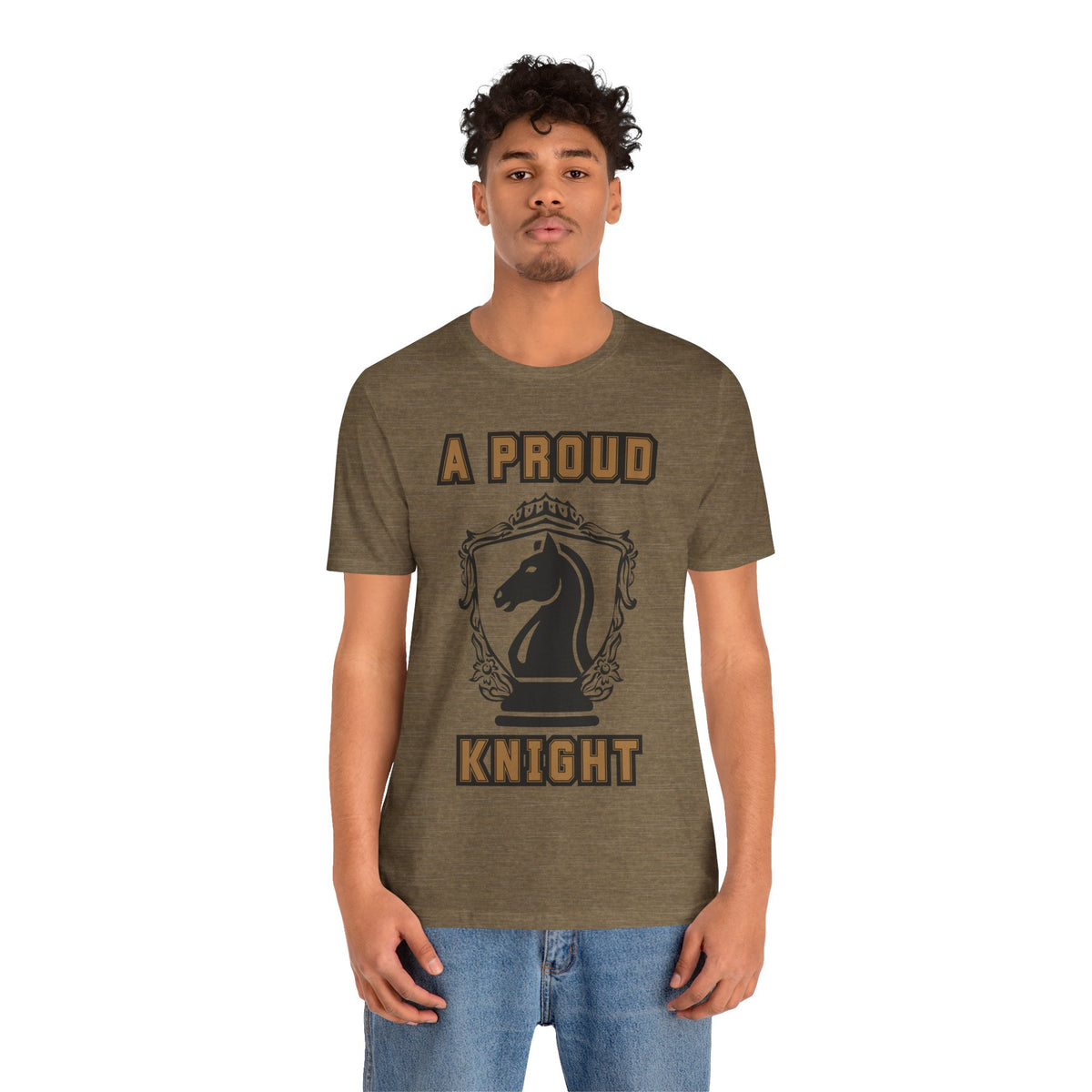 Man wearing a heather olive graphic T-shirt with a black chess knight design and the words A PROUD KNIGHT on the front.