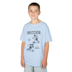 Young boy wearing a youth Gildan 5000B heavy cotton t-shirt in light blue with a Soccer text and graphic