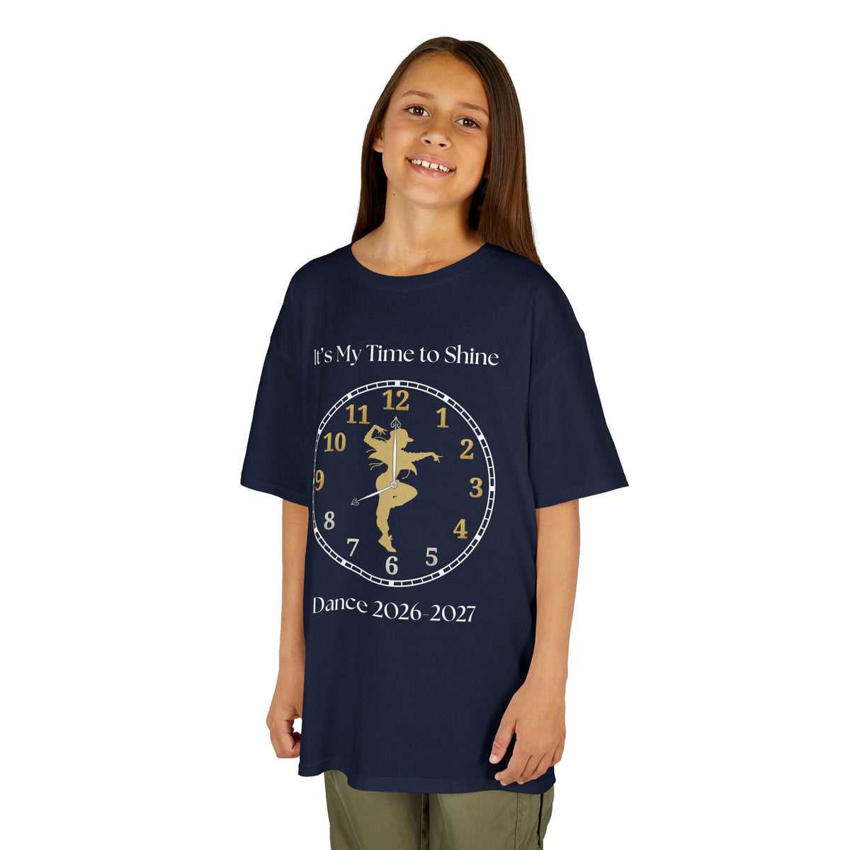 Young girl wearing a youth Gildan 5000B heavy cotton t-shirt in navy with an It's My Time to Shine Jazz Dance 2026-2027 theme
