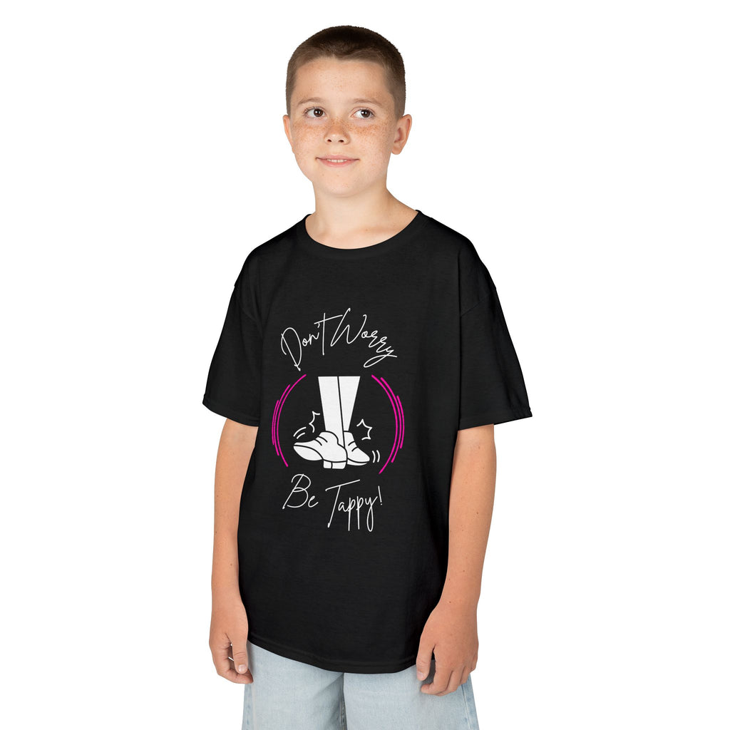Young boy wearing a youth Gildan 5000B heavy cotton t-shirt in black with a Don't Worry Be Tappy Tap Shoe design