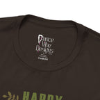 Close-up of a brown crewneck t-shirt showing the inner neck label with Dance Vibe Designs LLC printed in white.