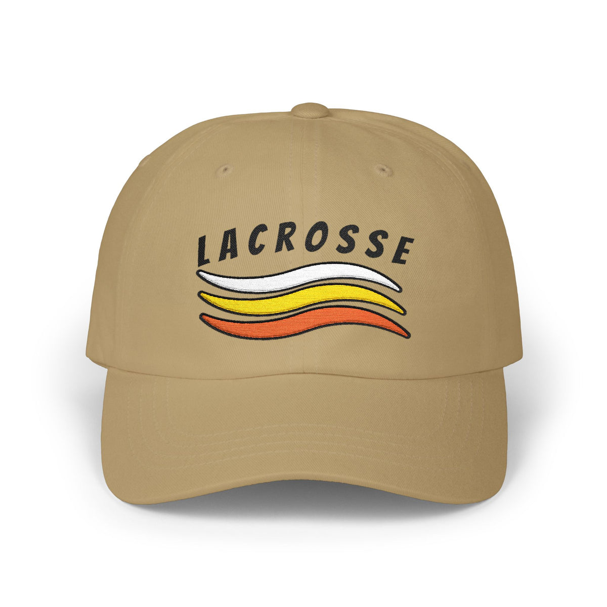 Khaki embroidered classic dad cap hat with a Lacrosse text and graphic Front view