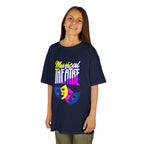 Young girl wearing a youth Gildan 5000B heavy cotton t-shirt in navy with a Musical Theater rainbow mask graphic