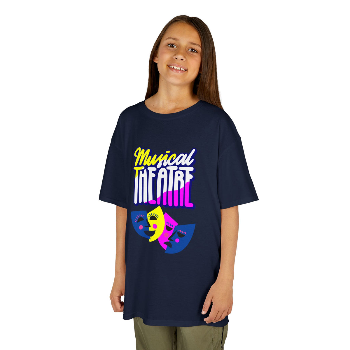 Young girl wearing a youth Gildan 5000B heavy cotton t-shirt in navy with a Musical Theater rainbow mask graphic