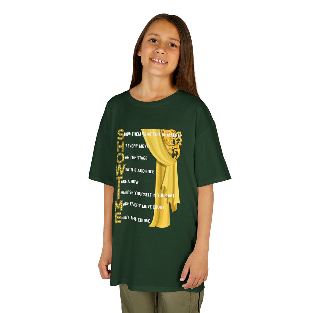 Young girl wearing a youth Gildan 5000B heavy cotton t-shirt in forest green with a Showtime text and graphic 