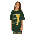 Young girl wearing a youth Gildan 5000B heavy cotton t-shirt in forest green with a Showtime text and graphic 