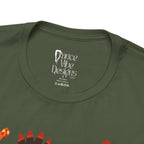 Close-up of a military green t-shirt showing the inner neck label with Dance Vibe Designs LLC printed in white, alongside care instructions.