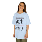 Young girl wearing a youth Gildan 5000B heavy cotton t-shirt in light blue with a Ballroom Dance Style theme