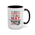 15oz white ceramic Wrestling mug with black handle and interior Right handed view