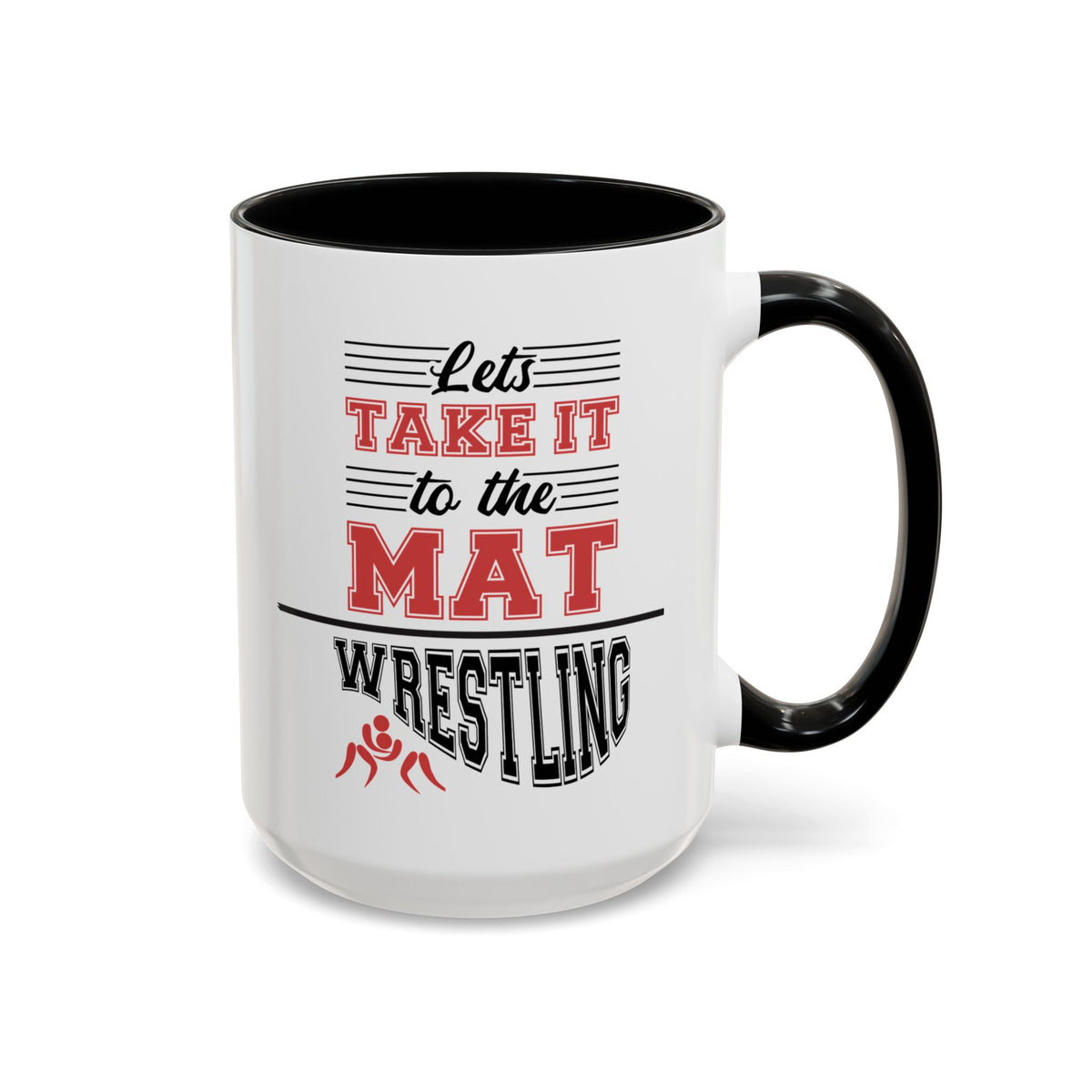 15oz white ceramic Wrestling mug with black handle and interior Right handed view