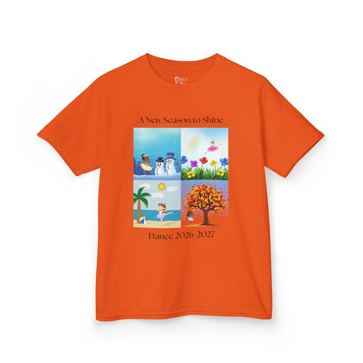 Front view of a youth Gildan 5000B heavy cotton t-shirt in orange with an A New Season to Shine Dance 2026-2027 theme