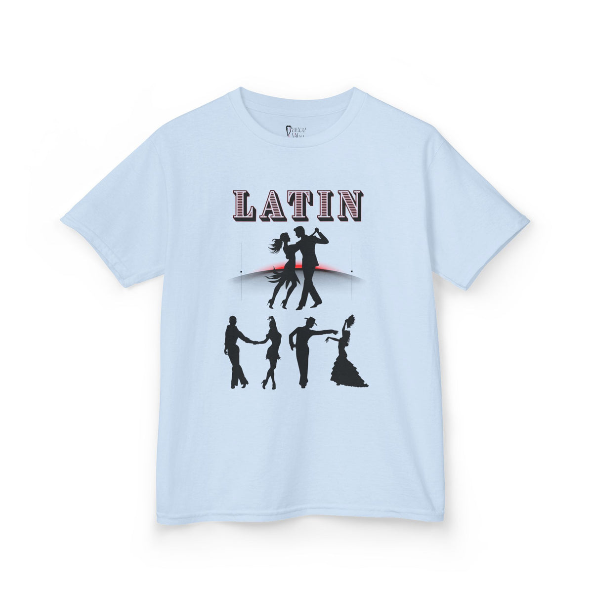 Front view of a youth Gildan 5000B heavy cotton t-shirt in light blue with a Latin Dance Couples theme