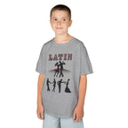 Young boy wearing a youth Gildan 5000B heavy cotton t-shirt in sport grey with a Latin Dance Couples theme