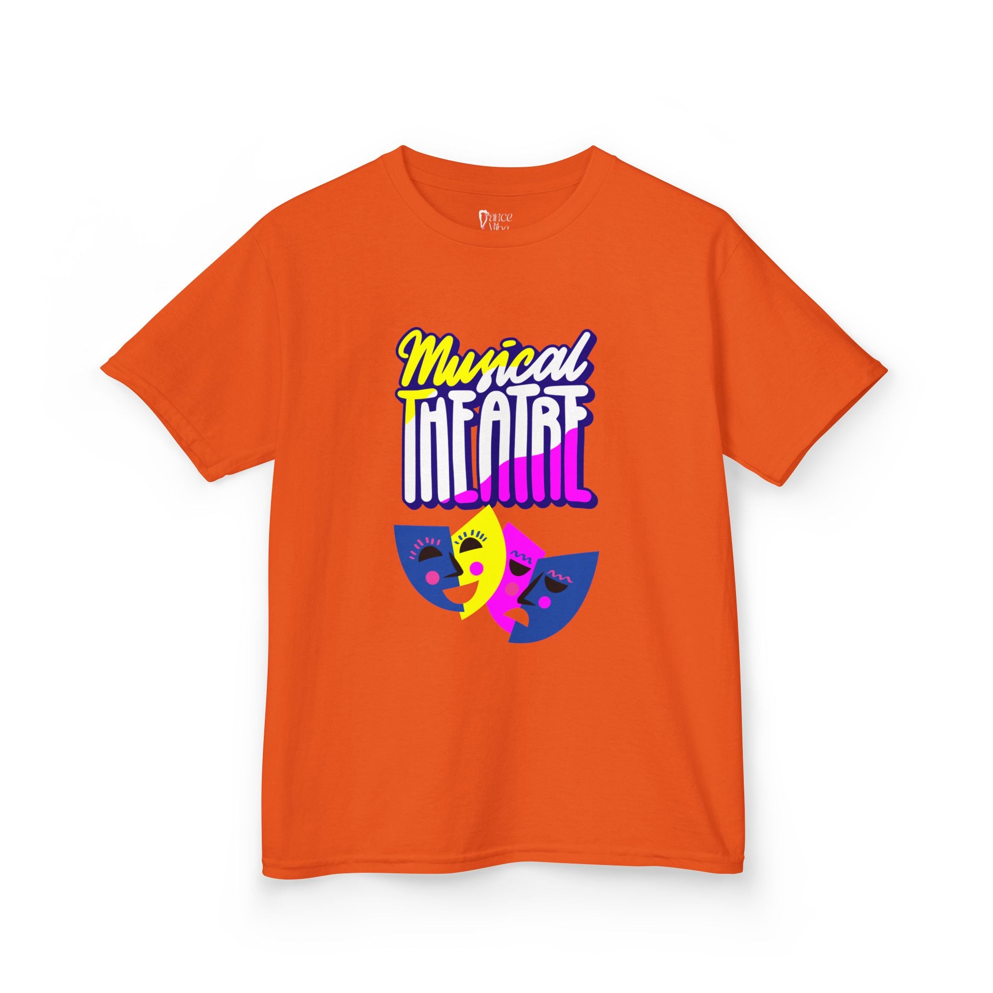Front view of a youth Gildan 5000B heavy cotton t-shirt in orange with a Musical Theater rainbow mask graphic