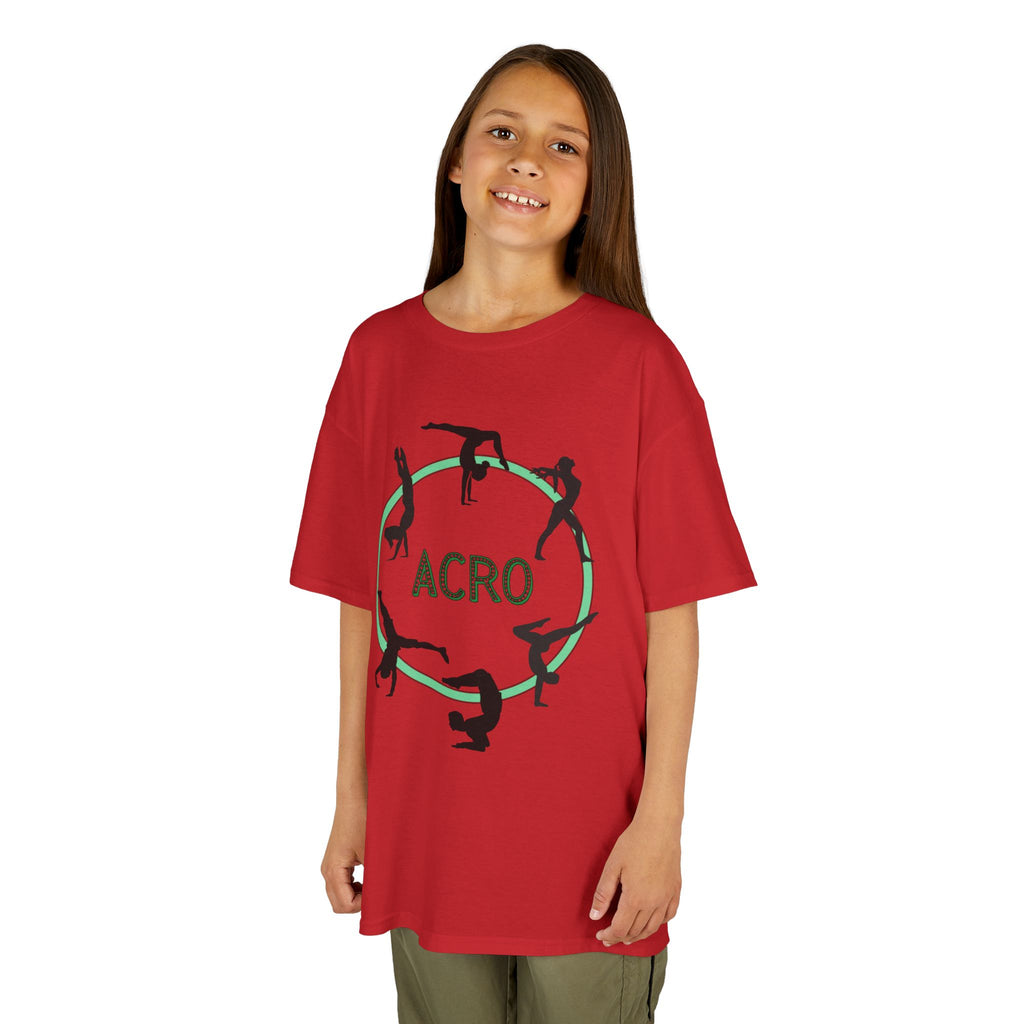 Young girl wearing a youth Gildan 5000B heavy cotton t-shirt in red with an Acro Gymnastics theme
