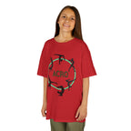 Young girl wearing a youth Gildan 5000B heavy cotton t-shirt in red with an Acro Gymnastics theme