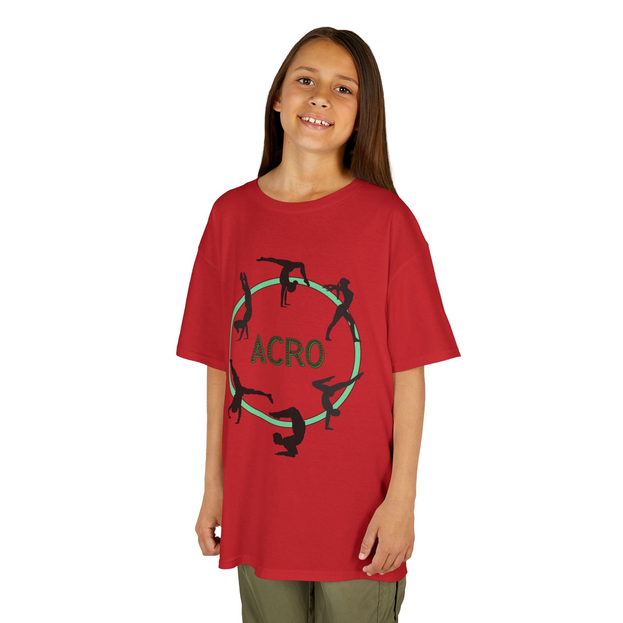 Young girl wearing a youth Gildan 5000B heavy cotton t-shirt in red with an Acro Gymnastics theme