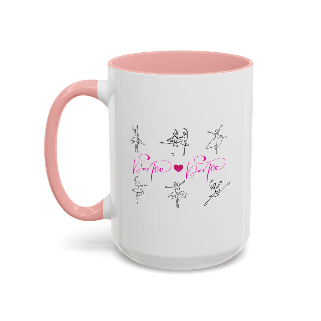 15oz white ceramic Dancer Line Art mug with pink handle and interior  Left handed view