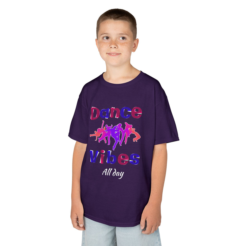 Young boy wearing a youth Gildan 5000B heavy cotton t-shirt in purple with a Dance Vibes All Day text and graphic