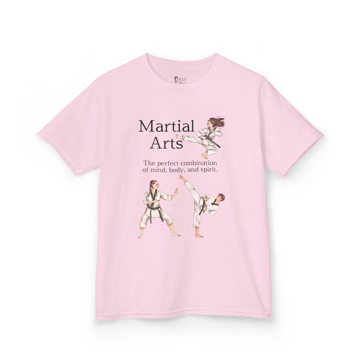 Front view of a youth Gildan 5000B heavy cotton t-shirt in light pink with a Martial Arts text and graphic