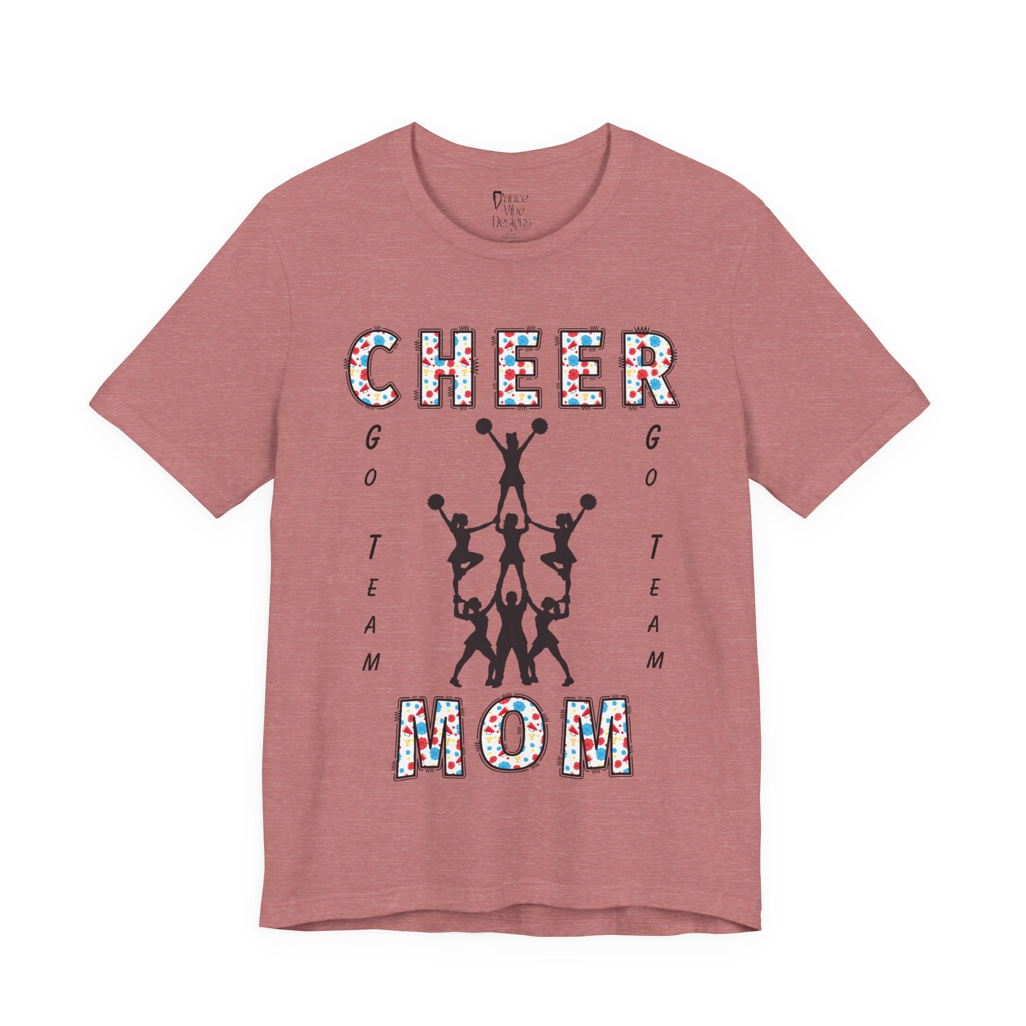 A heather mauve short-sleeve crewneck t-shirt featuring a CHEER GO TEAM MOM graphic on the front. 