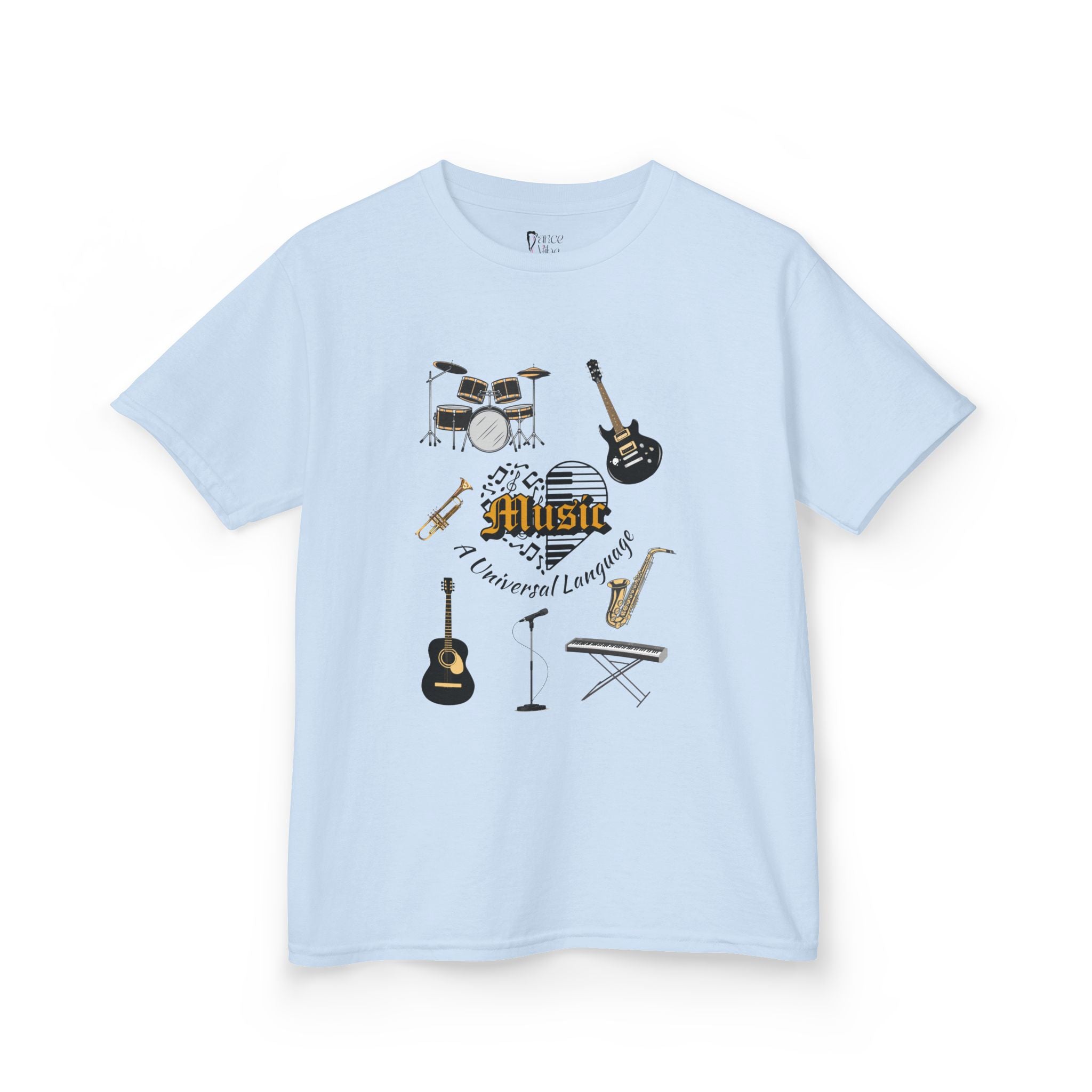 Front view of a youth Gildan 5000B heavy cotton t-shirt in light blue with a Music A Universal Language theme