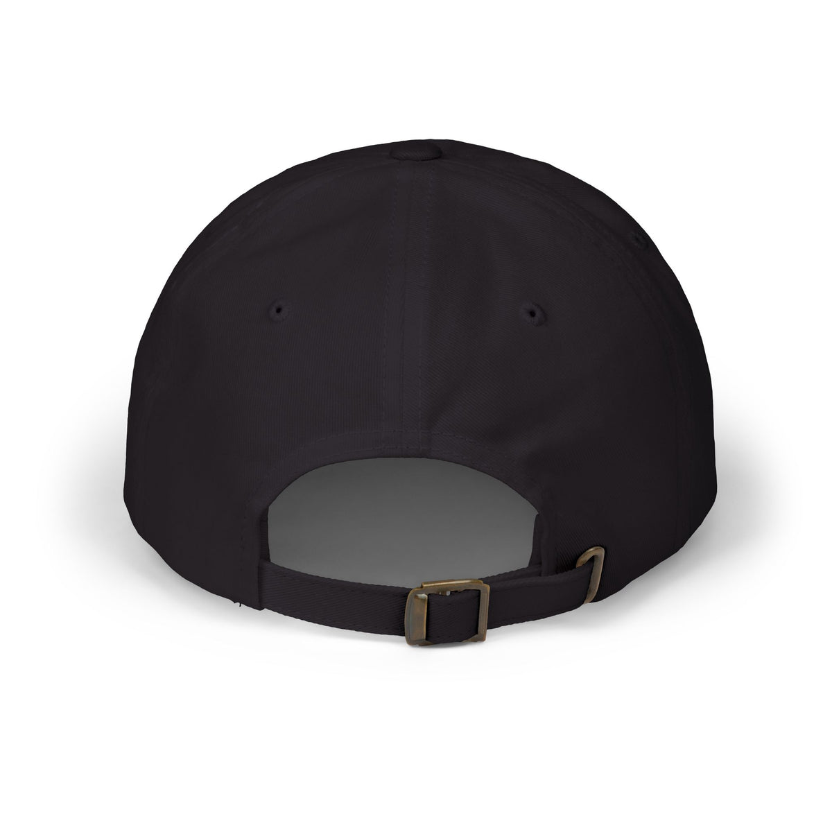Back view of a black cap with an adjustable strap.