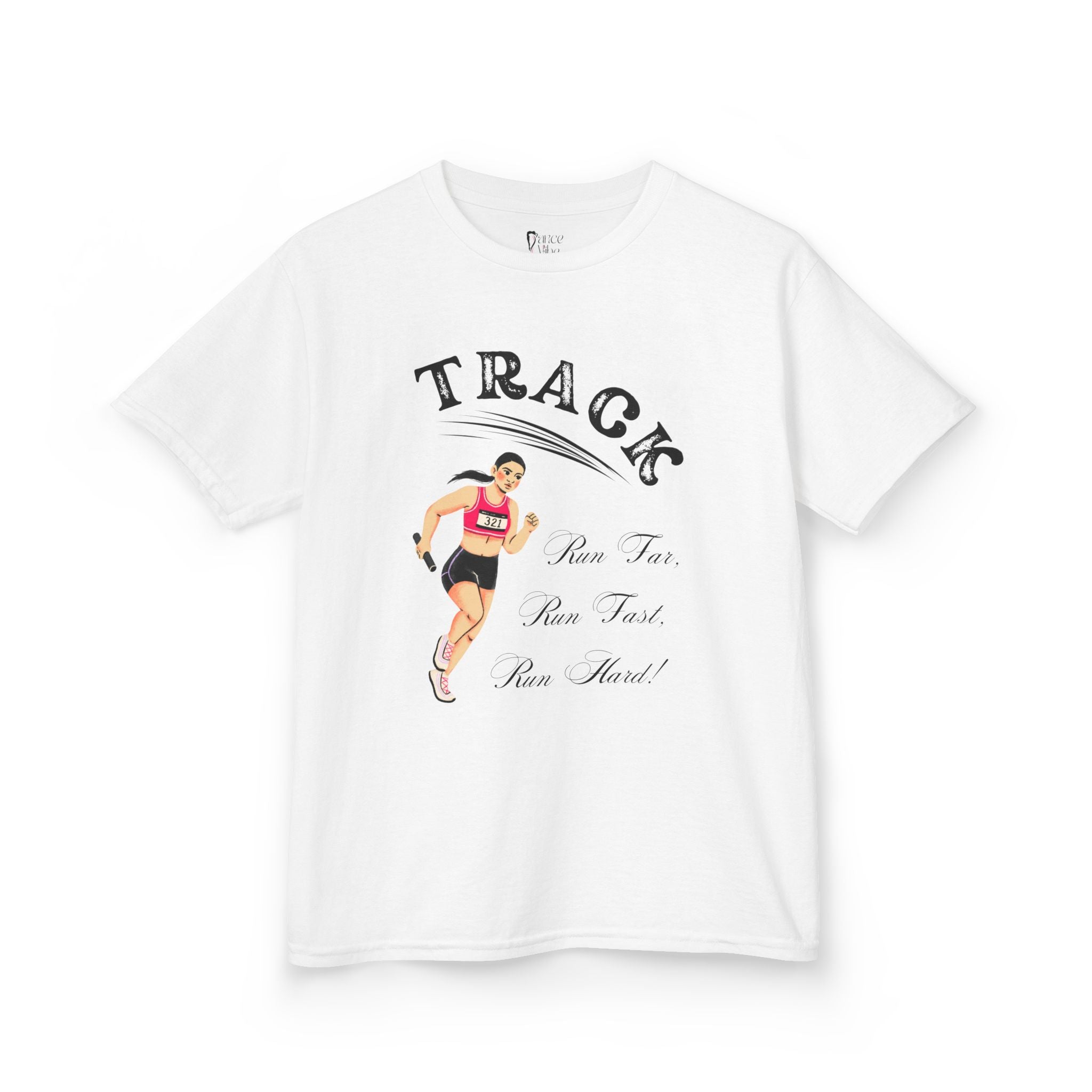 Front view of a youth Gildan 5000B heavy cotton t-shirt in white showing a girl running Track