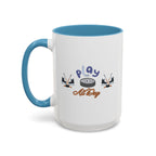 15oz white ceramic Ice Hockey Play All Day mug with light blue handle and interior Left handed view