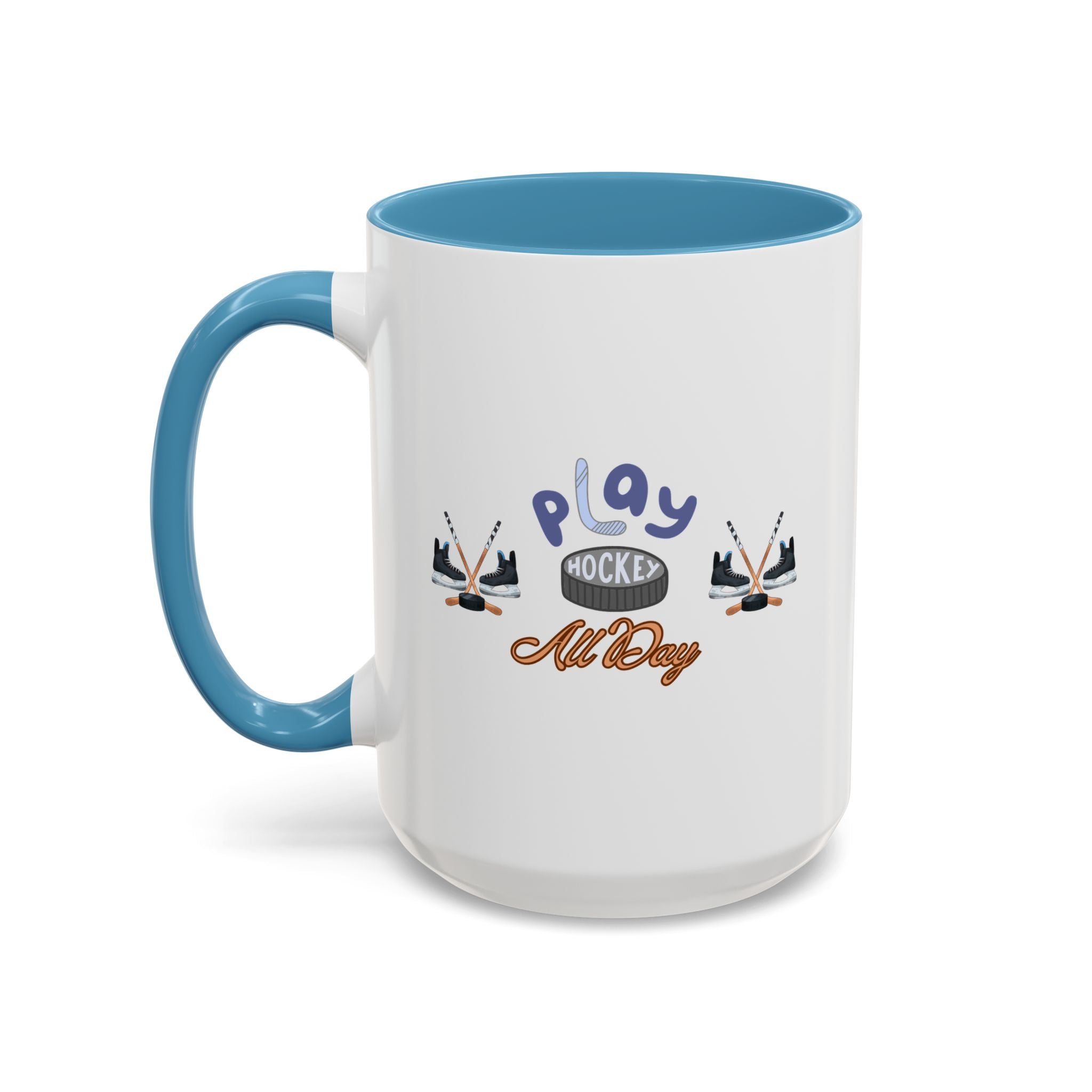 15oz white ceramic Ice Hockey Play All Day mug with light blue handle and interior Left handed view