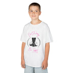 Young boy wearing a youth Gildan 5000B heavy cotton t-shirt in white with a Don't Worry Be Tappy Tap Shoe design