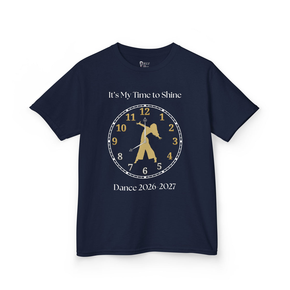 Front view of a youth Gildan 5000B heavy cotton t-shirt in navy with an It's My Time to Shine Contemporary Dance 2026-2027 theme