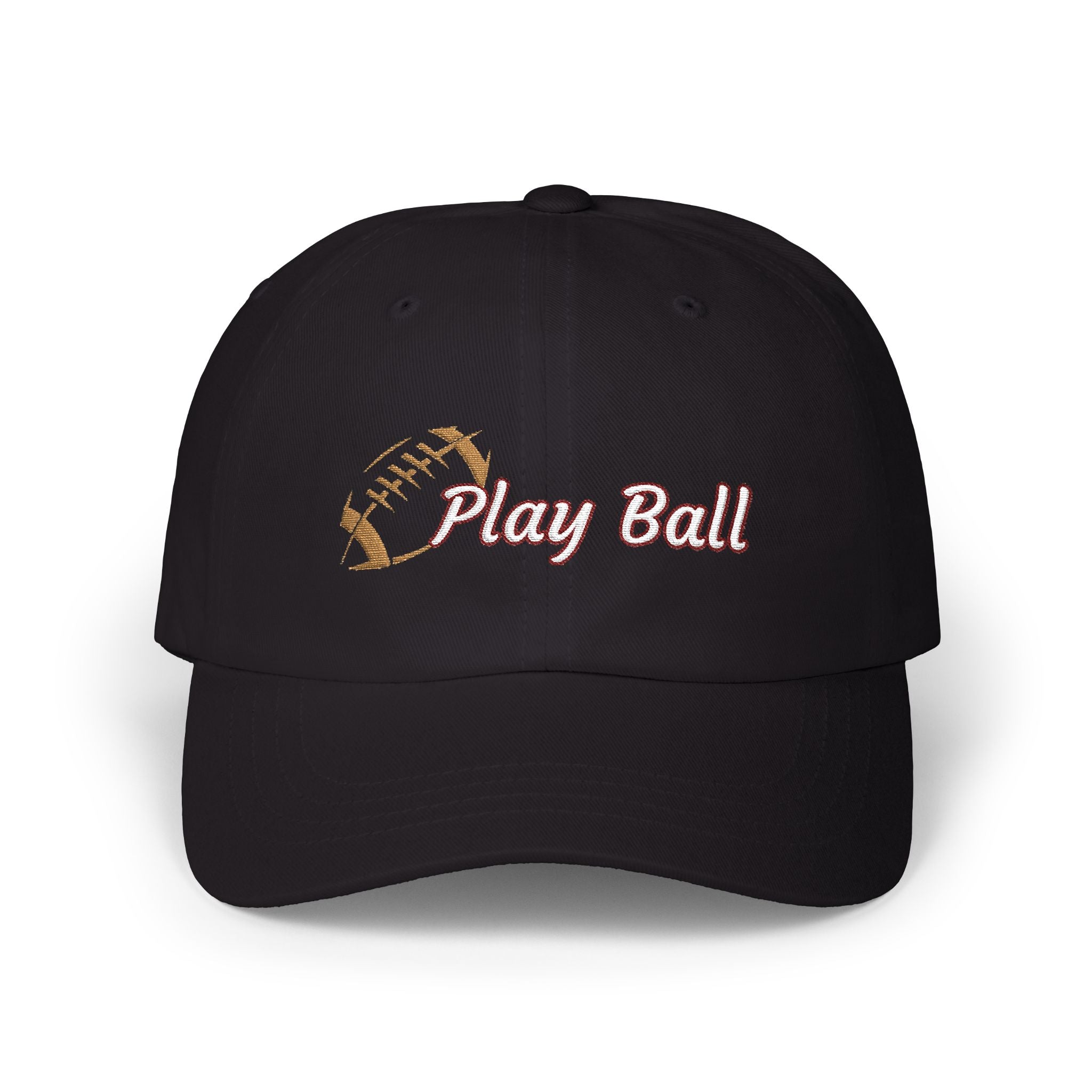 Black classic cap with an embroidered football and text that says Play Ball.