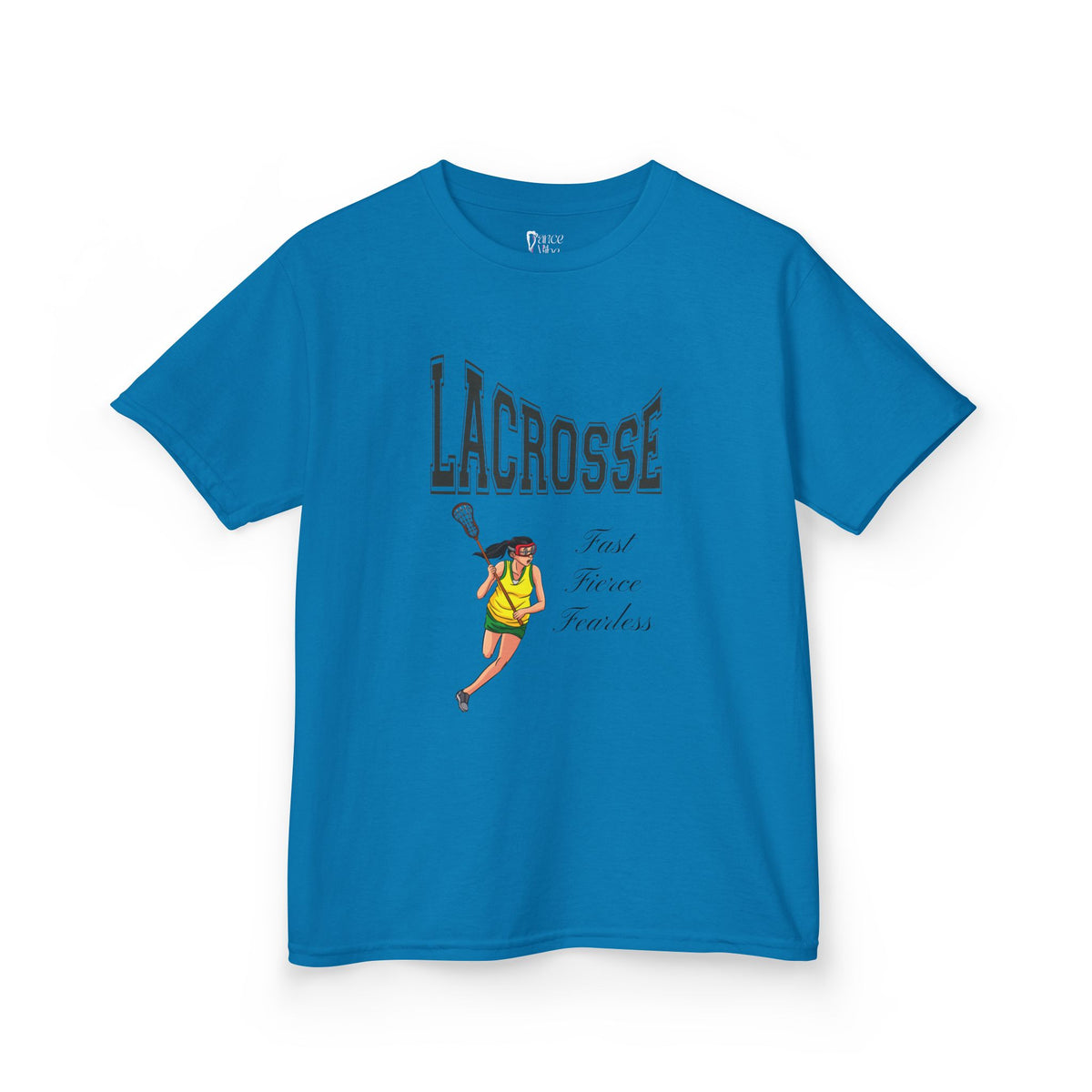 Front view of a youth Gildan 5000B heavy cotton t-shirt in sapphire with a Girls Lacrosse theme