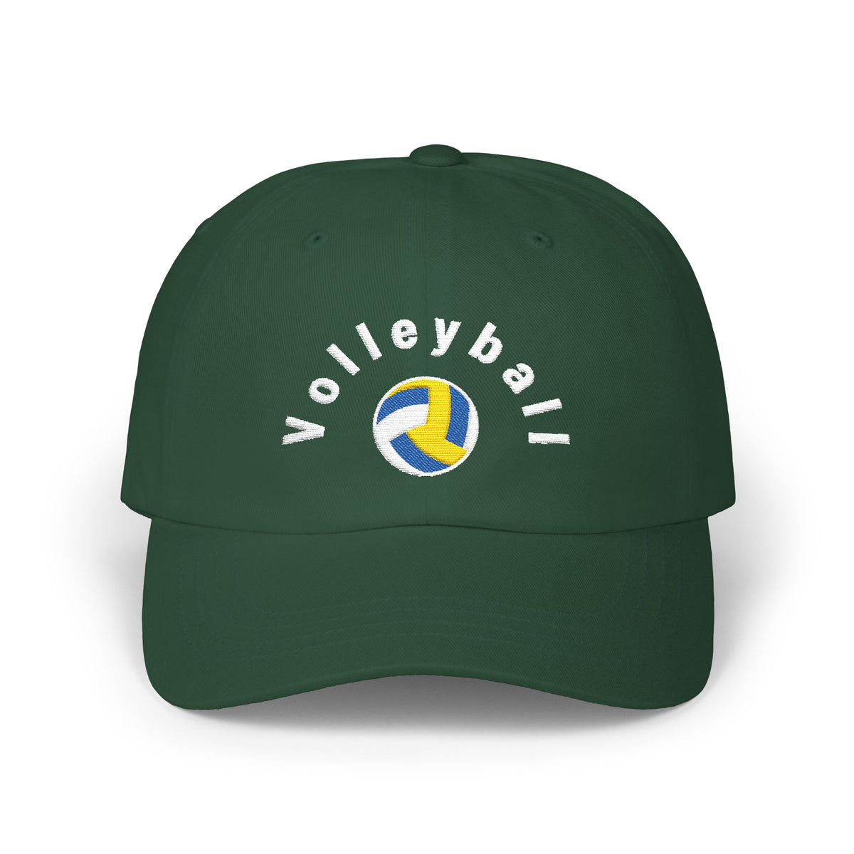 Spruce cap with an embroidered Volleyball graphic and text.