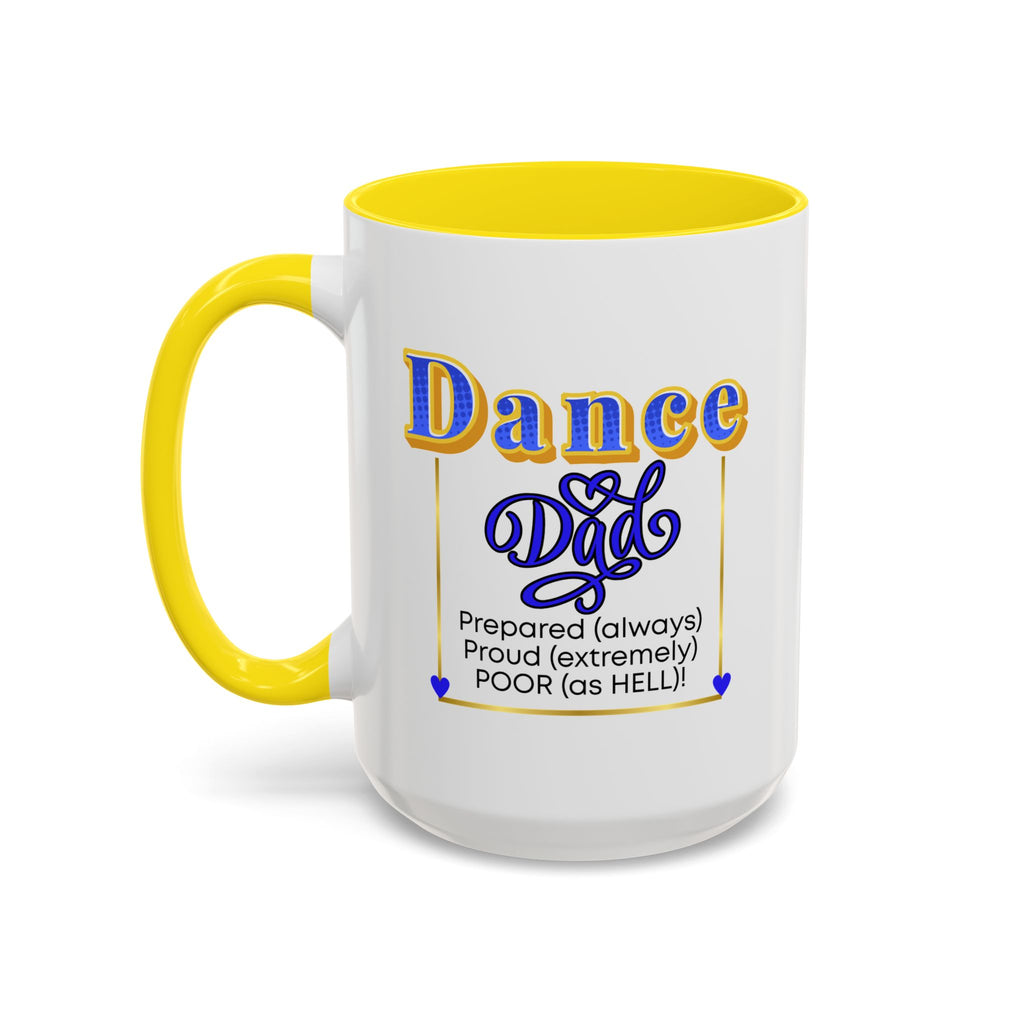 15oz white ceramic Dance Dad mug with yellow handle and interior Left handed view