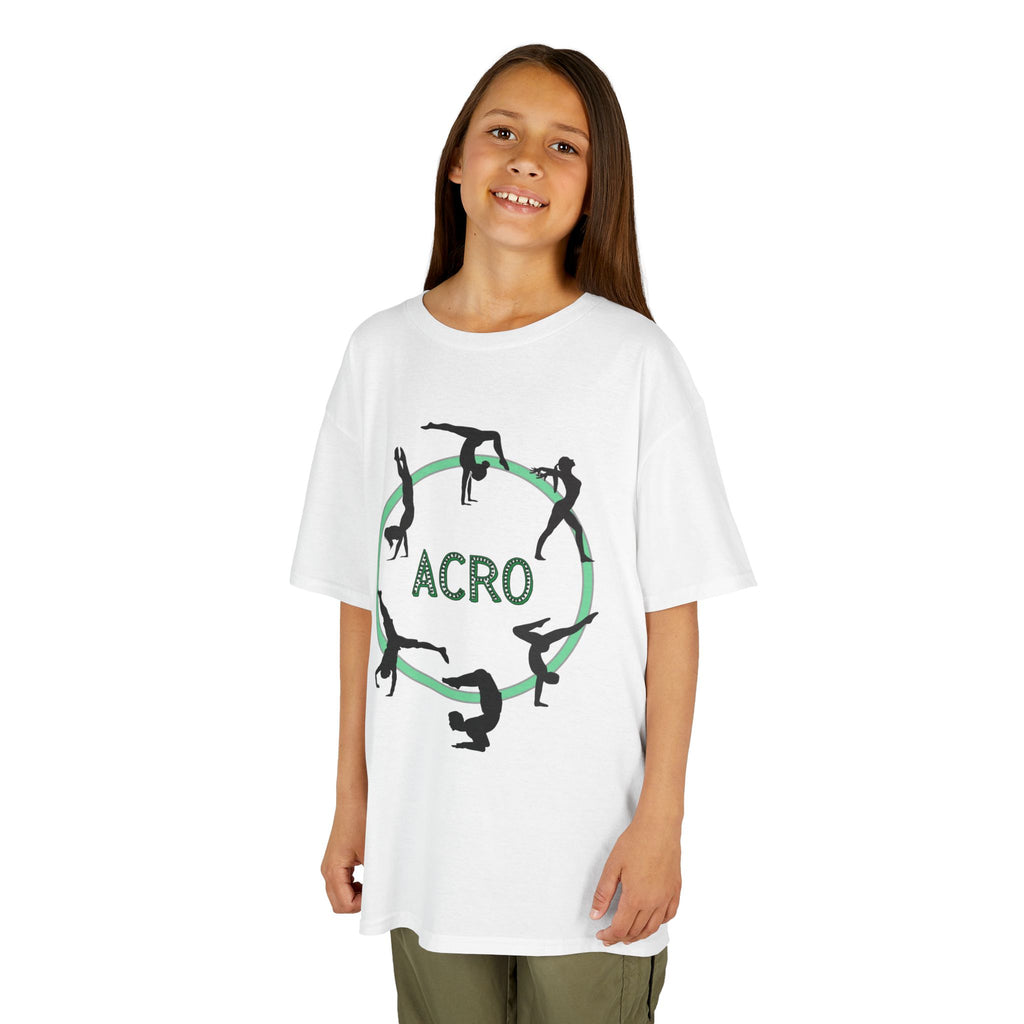 Young girl wearing a youth Gildan 5000B heavy cotton t-shirt in white with an Acro Gymnastics theme