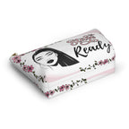 Stage Ready Makeup bag with face and floral design on a white background bottom view