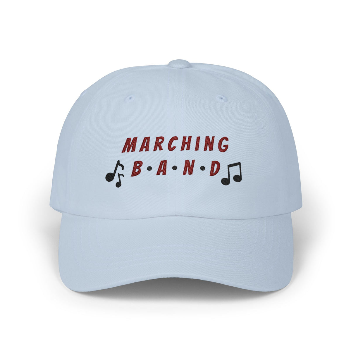 Light blue embroidered classic dad cap hat with a Marching Band text and musical note graphic Front view