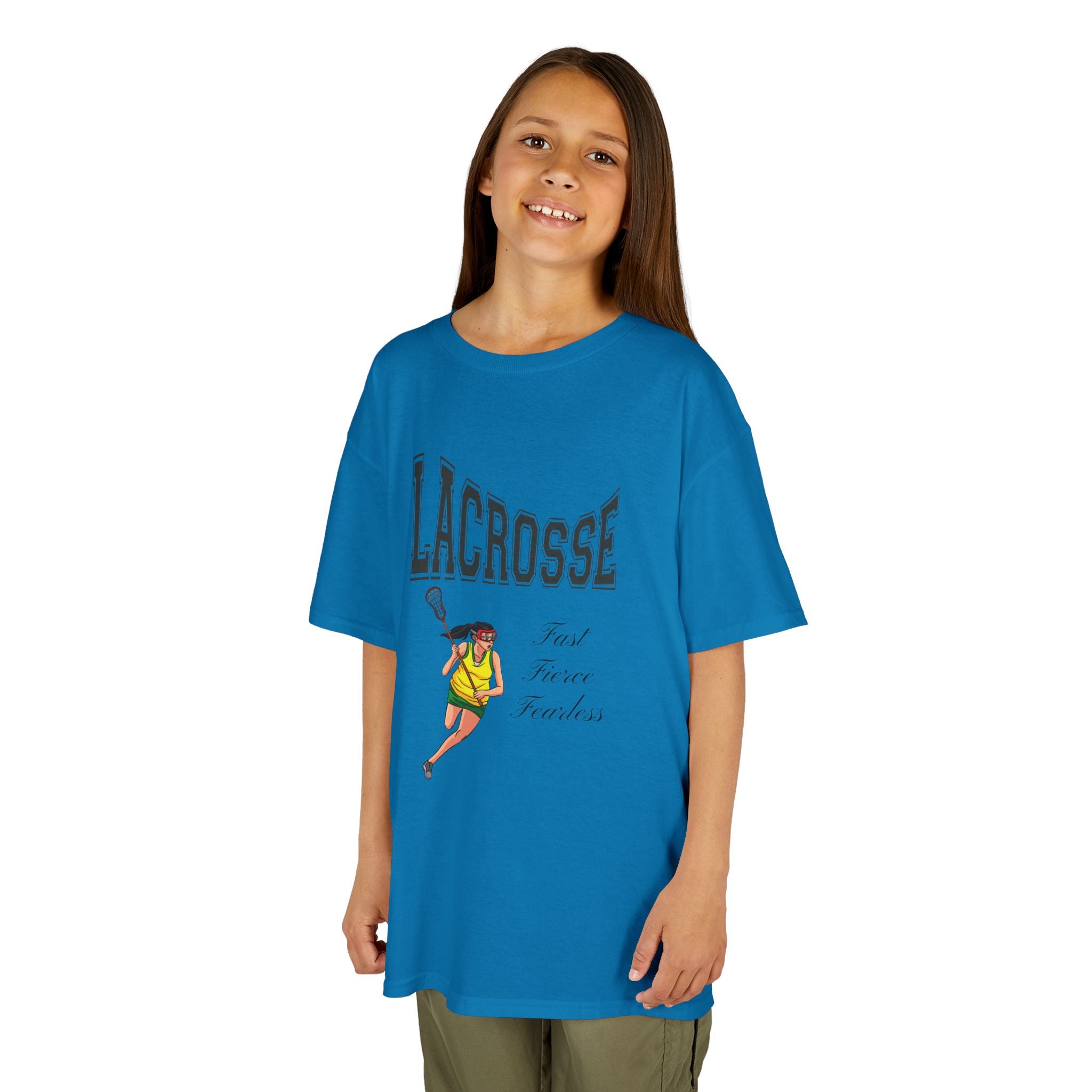 Front view of a youth Gildan 5000B heavy cotton t-shirt in sapphire with a Girls Lacrosse theme