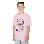 Young boy wearing a youth Gildan 5000B heavy cotton t-shirt in light pink with a Music A Universal Language theme
