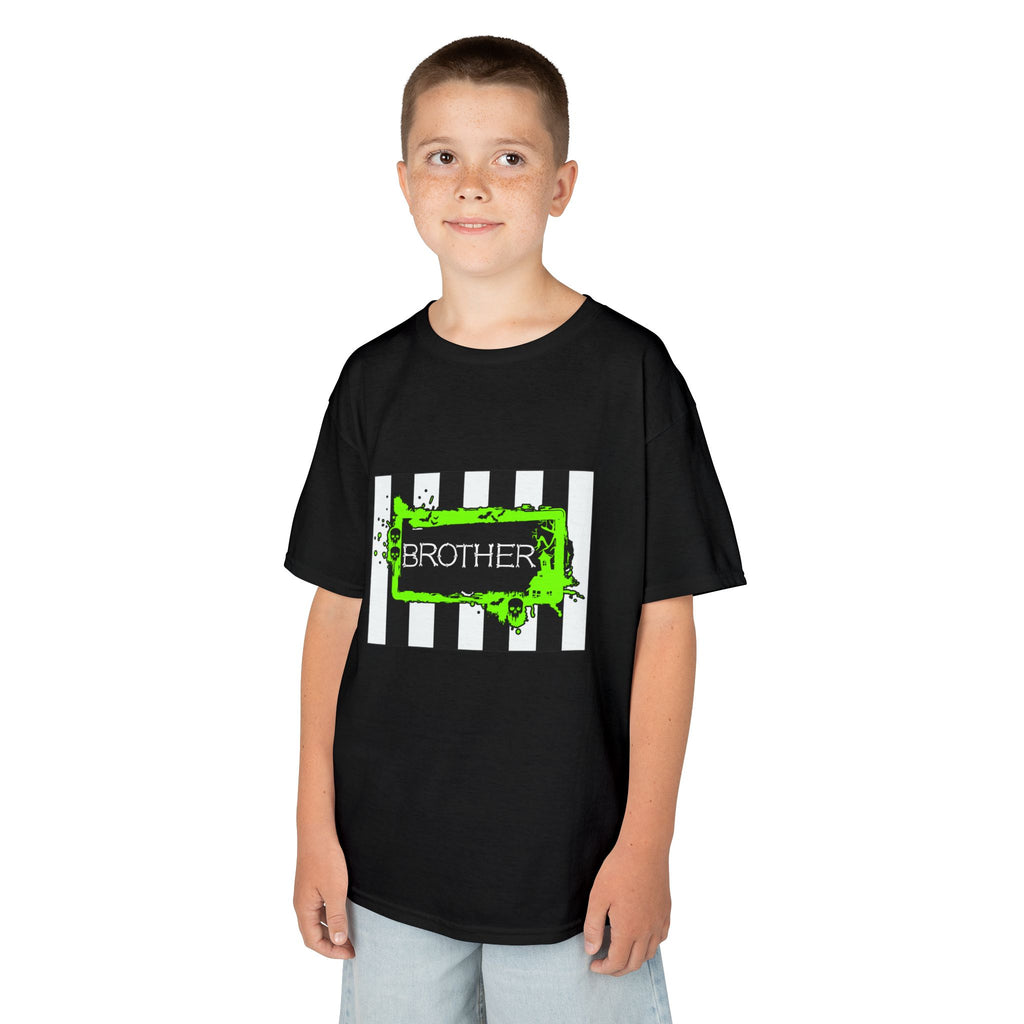 Young boy wearing a Beetlejuice inspired Halloween Brother t-shirt in black.