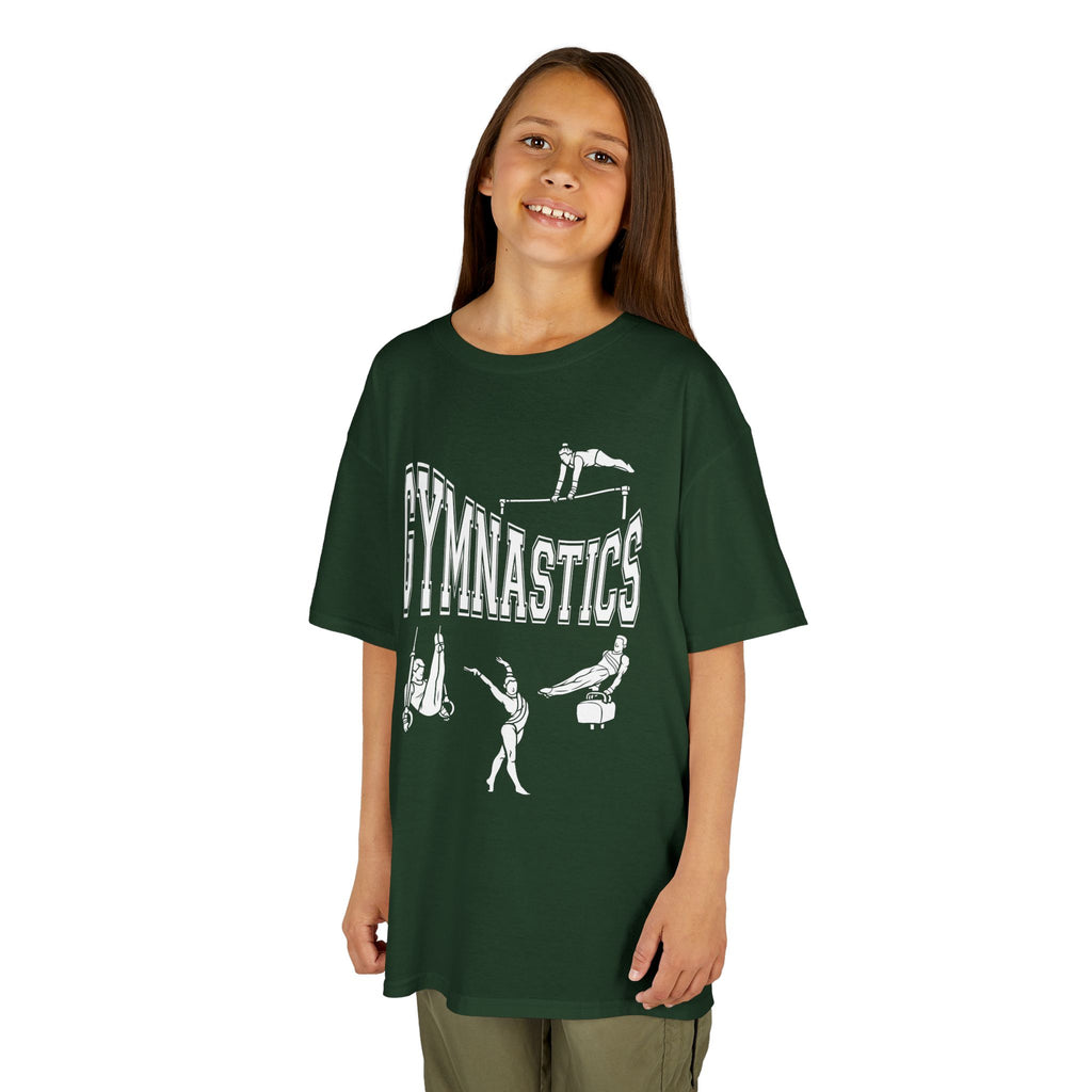 Young girl wearing a youth Gildan 5000B heavy cotton t-shirt in forest green with a gymnastics text and graphic
