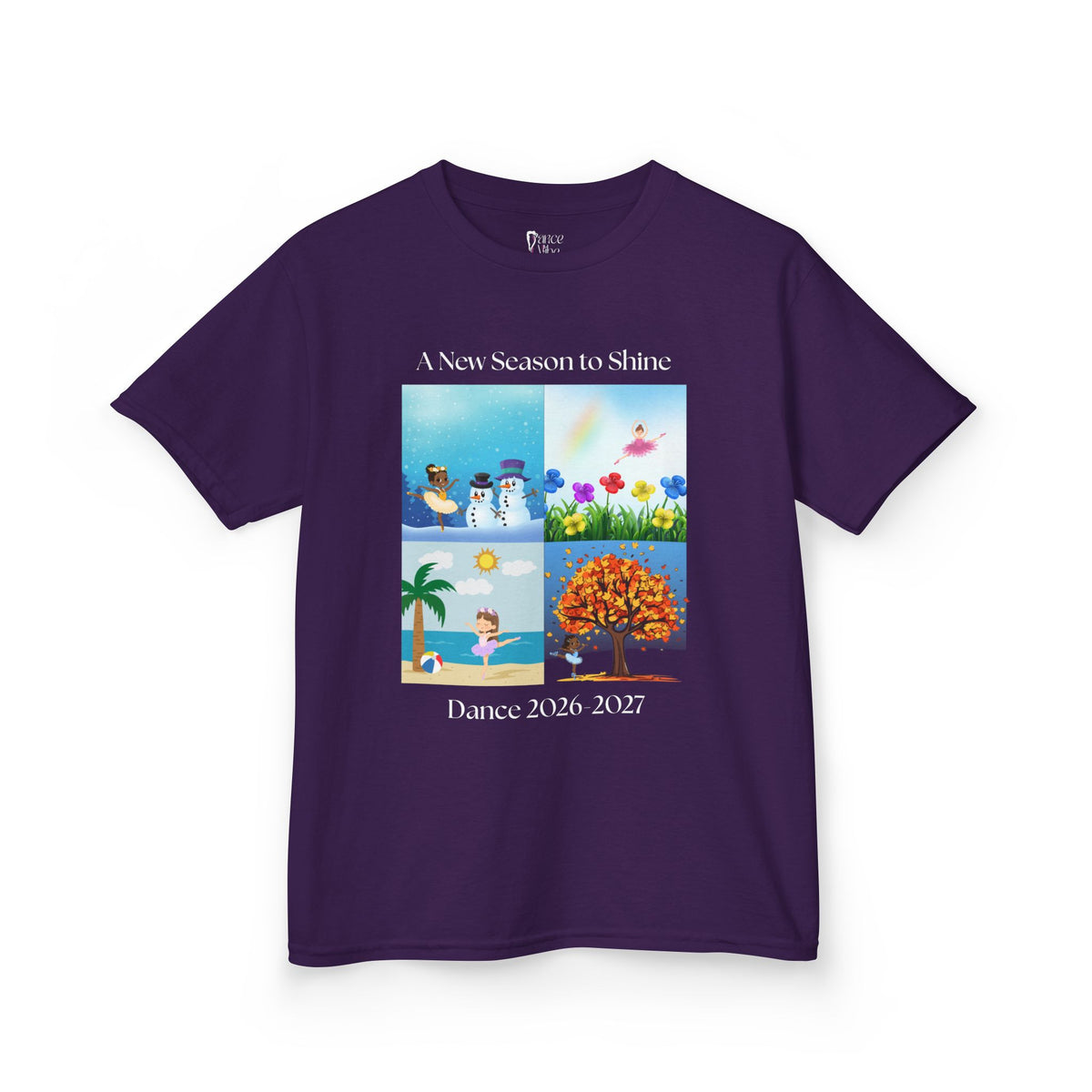Front view of a youth Gildan 5000B heavy cotton t-shirt in purple with an A New Season to Shine Dance 2026-2027 theme