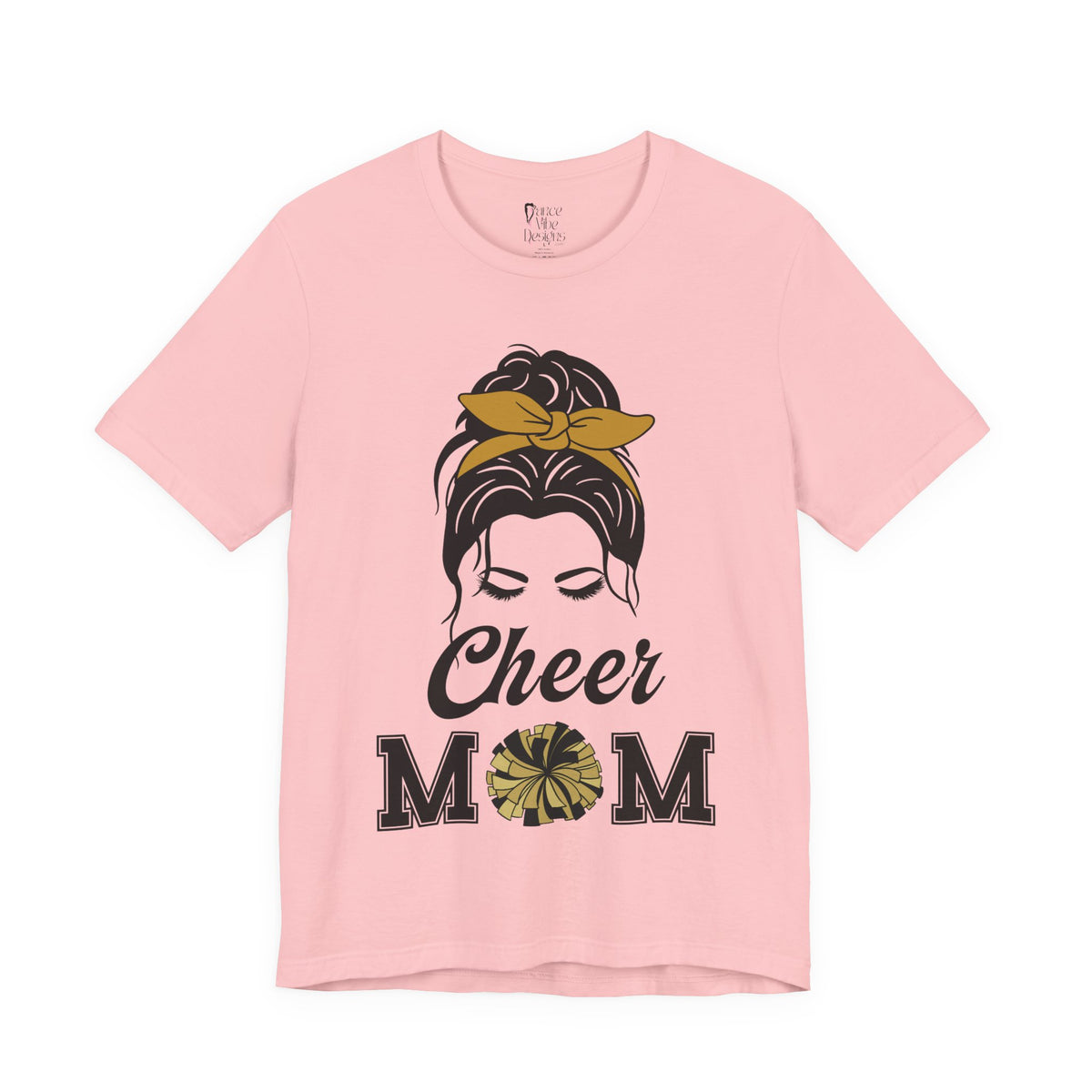 A pink short-sleeve crewneck t-shirt featuring a Cheer Mom silhouette graphic print with text.