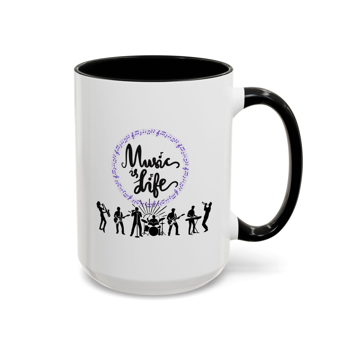 15oz white ceramic Music is Life mug with black handle and interior Right handed view
