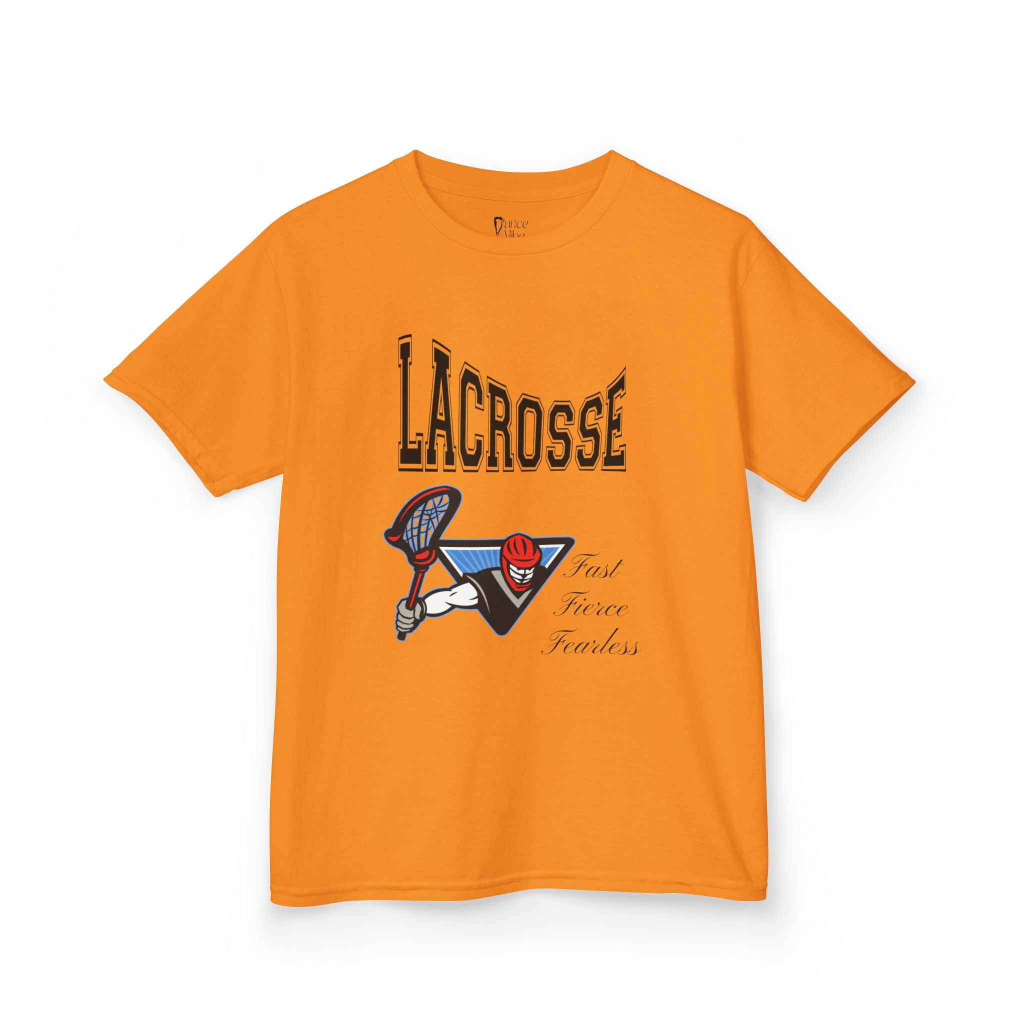 Front view of a youth Gildan 5000B heavy cotton t-shirt in tennessee orange with a Boys Lacrosse design